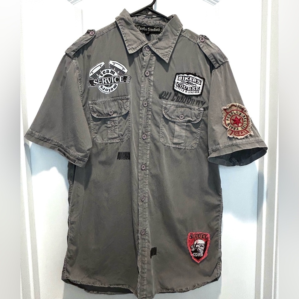 Men's Twelve Symbols Rockabilly Biker Motorcycle embroidered patches Shirt Sz L
